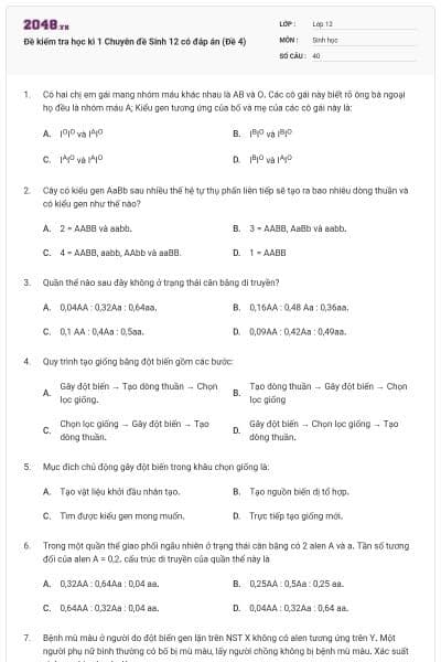 Đề kiểm tra học kì 1 Chuyên đề Sinh 12 có đáp án (Đề 4)
