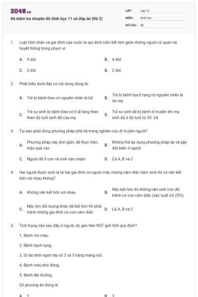 Đề kiểm tra chuyên đề Sinh học 11 có đáp án (Đề 2)