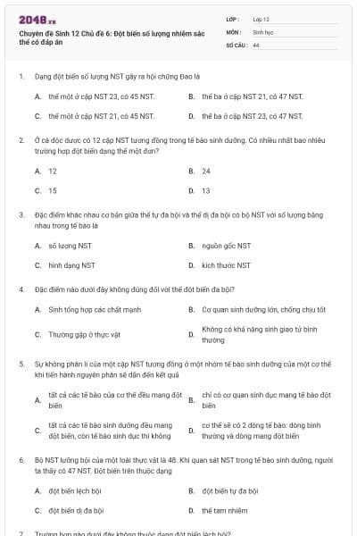 Chuyên đề Sinh 12 Chủ đề 6: Đột biến số lượng nhiễm sắc thể có đáp án