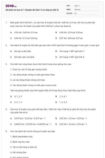 Đề kiểm tra học kì 1 Chuyên đề Sinh 12 có đáp án (Đề 5)