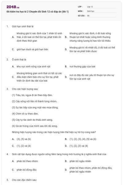 Đề kiểm tra học kì 2 Chuyên đề Sinh 12 có đáp án (Đề 1)