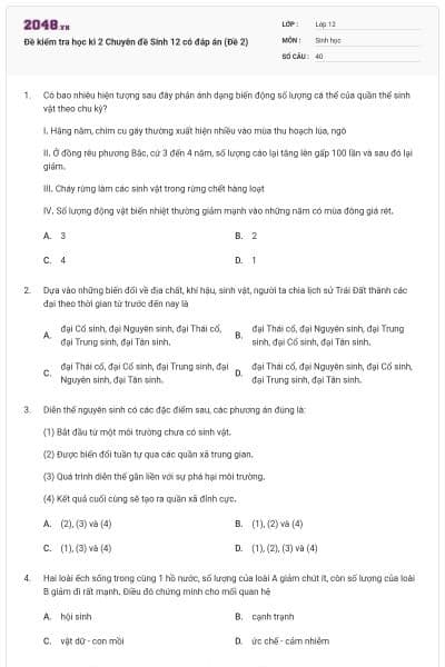 Đề kiểm tra học kì 2 Chuyên đề Sinh 12 có đáp án (Đề 2)