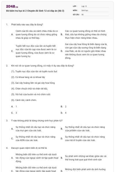 Đề kiểm tra học kì 2 Chuyên đề Sinh 12 có đáp án (Đề 3)