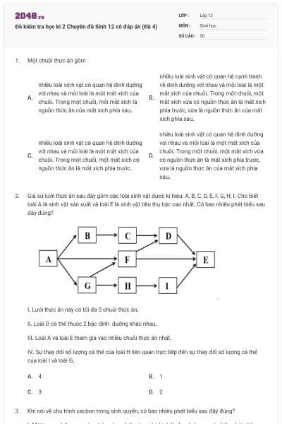 Đề kiểm tra học kì 2 Chuyên đề Sinh 12 có đáp án (Đề 4)