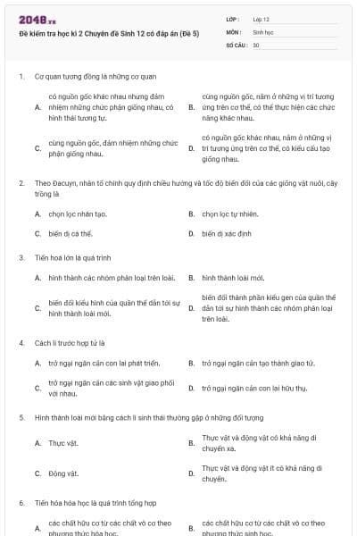 Đề kiểm tra học kì 2 Chuyên đề Sinh 12 có đáp án (Đề 5)