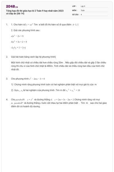 Tổng hợp đề thi giữa học kì 2 Toán 9 hay nhất năm 2023 có đáp án (Đề 14)
