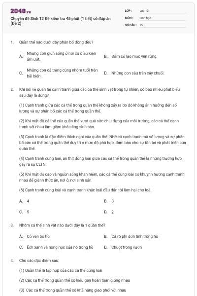 Chuyên đề Sinh 12 Đề kiểm tra 45 phút (1 tiết) có đáp án (Đề 2)