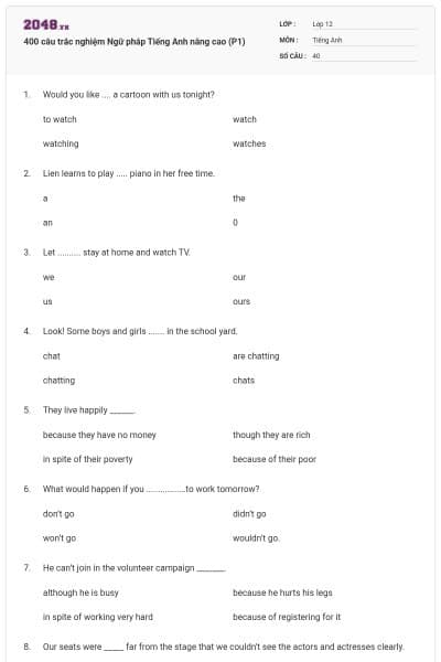 400 câu trắc nghiệm Ngữ pháp Tiếng Anh nâng cao (P1)