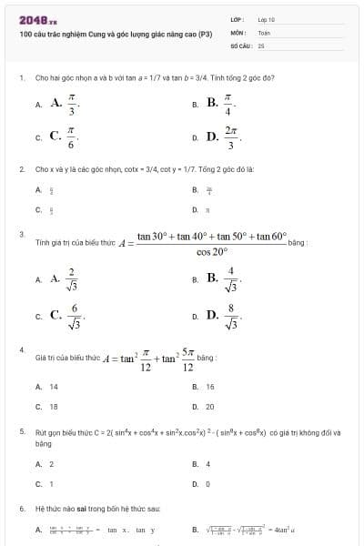 100 câu trắc nghiệm Cung và góc lượng giác nâng cao (P3)