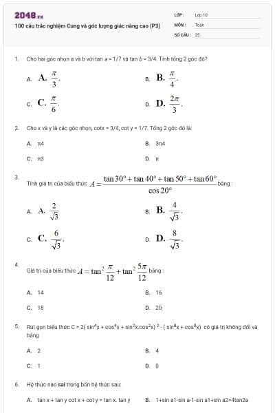 100 câu trắc nghiệm Cung và góc lượng giác nâng cao (P3)