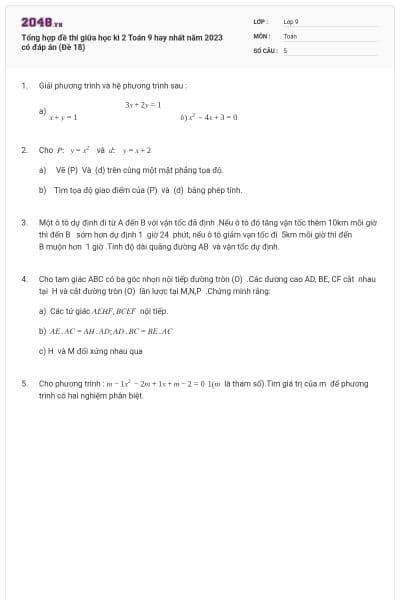 Tổng hợp đề thi giữa học kì 2 Toán 9 hay nhất năm 2023 có đáp án (Đề 18)