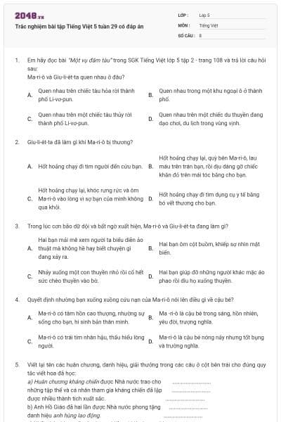 Trắc nghiệm bài tập Tiếng Việt 5 tuần 29 có đáp án