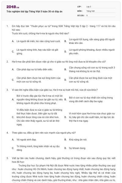 Trắc nghiệm bài tập Tiếng Việt 5 tuần 30 có đáp án