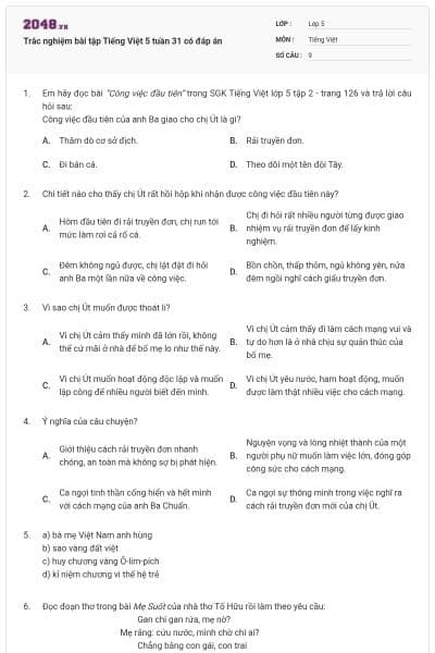 Trắc nghiệm bài tập Tiếng Việt 5 tuần 31 có đáp án