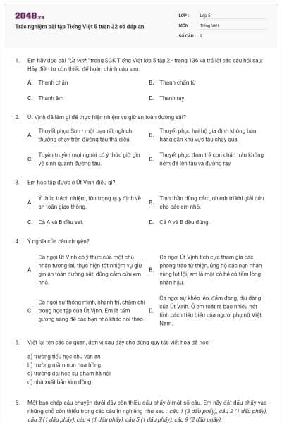 Trắc nghiệm bài tập Tiếng Việt 5 tuần 32 có đáp án