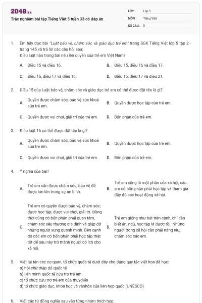 Trắc nghiệm bài tập Tiếng Việt 5 tuần 33 có đáp án