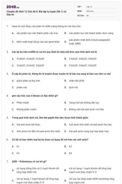 Chuyên đề Sinh 12 Chủ đề 8: Bài tập tự luyện (Đề 1) có đáp án