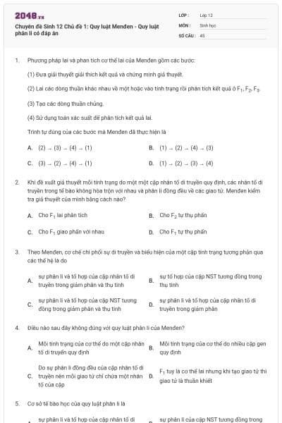 Chuyên đề Sinh 12 Chủ đề 1: Quy luật Menđen - Quy luật phân li có đáp án