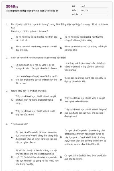 Trắc nghiệm bài tập Tiếng Việt 5 tuần 34 có đáp án