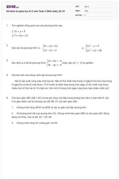 Đề kiểm tra giữa học kì 2 môn Toán 9 (Mới nhất)_đề 33