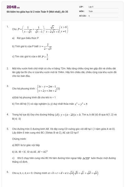 Đề kiểm tra giữa học kì 2 môn Toán 9 (Mới nhất)_đề 35