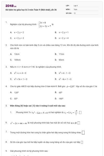 Đề kiểm tra giữa học kì 2 môn Toán 9 (Mới nhất)_đề 36