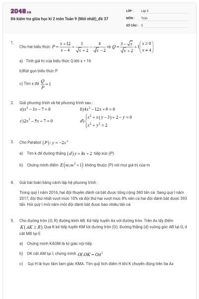 Đề kiểm tra giữa học kì 2 môn Toán 9 (Mới nhất)_đề 37
