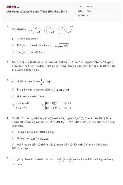 Đề kiểm tra giữa học kì 2 môn Toán 9 (Mới nhất)_đề 38