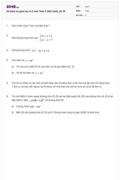 Đề kiểm tra giữa học kì 2 môn Toán 9 (Mới nhất)_đề 39