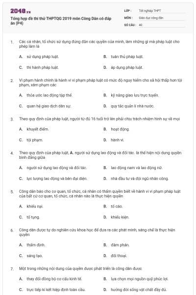 Tổng hợp đề thi thử THPTQG 2019 môn Công Dân có đáp án (P4)