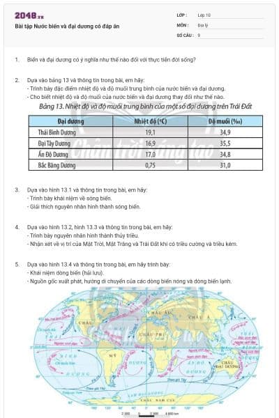 Bài tập Nước biển và đại dương có đáp án