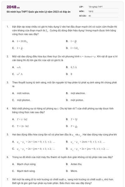 Đề minh họa THPT Quốc gia môn Lý năm 2023 có đáp án
