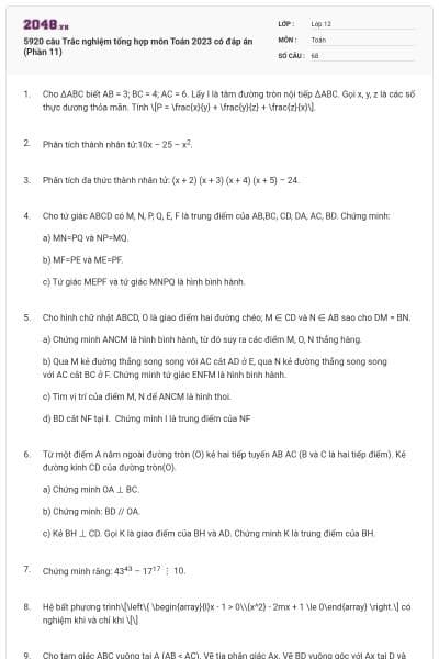 5920 câu Trắc nghiệm tổng hợp môn Toán 2023 có đáp án (Phần 11)