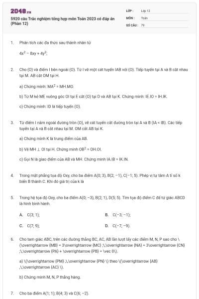 5920 câu Trắc nghiệm tổng hợp môn Toán 2023 có đáp án (Phần 12)