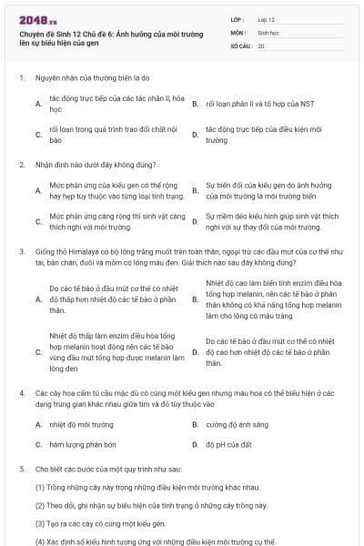 Chuyên đề Sinh 12 Chủ đề 6: Ảnh hưởng của môi trường lên sự biểu hiện của gen