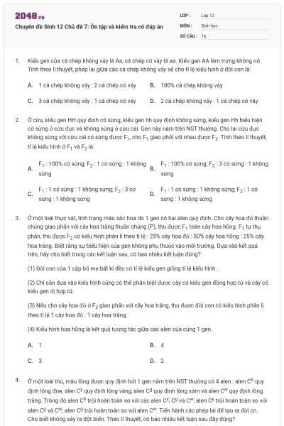 Chuyên đề Sinh 12 Chủ đề 7: Ôn tập và kiểm tra có đáp án