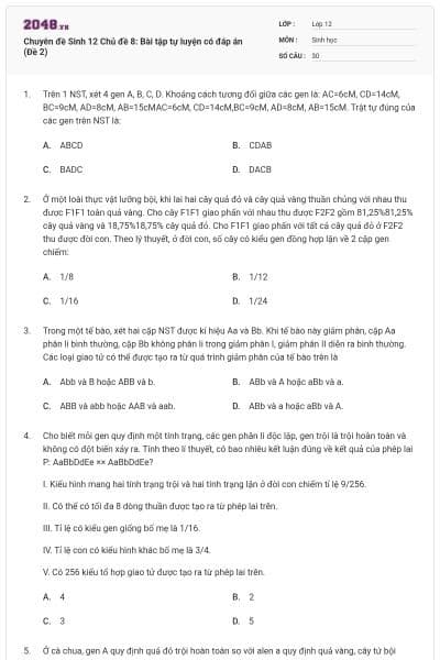 Chuyên đề Sinh 12 Chủ đề 8: Bài tập tự luyện có đáp án (Đề 2)