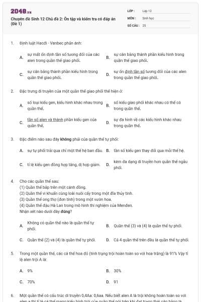 Chuyên đề Sinh 12 Chủ đề 2: Ôn tập và kiểm tra có đáp án (Đề 1)