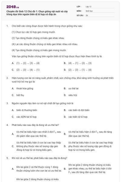 Chuyên đề Sinh 12 Chủ đề 1: Chọn giống vật nuôi và cây trồng dựa trên nguồn biến dị tổ hợp có đáp án