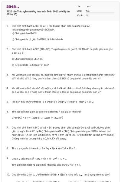 5920 câu Trắc nghiệm tổng hợp môn Toán 2023 có đáp án (Phần 15)