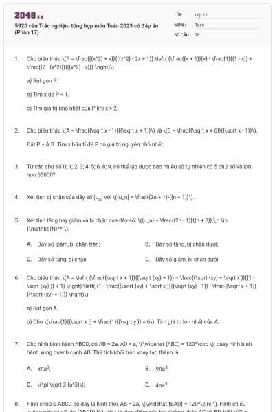 5920 câu Trắc nghiệm tổng hợp môn Toán 2023 có đáp án (Phần 17)