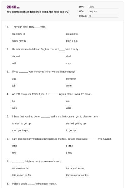 400 câu trắc nghiệm Ngữ pháp Tiếng Anh nâng cao (P2)