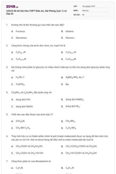 (2023) Đề thi thử Hóa THPT Kiến An, Hải Phòng (Lần 1) có đáp án