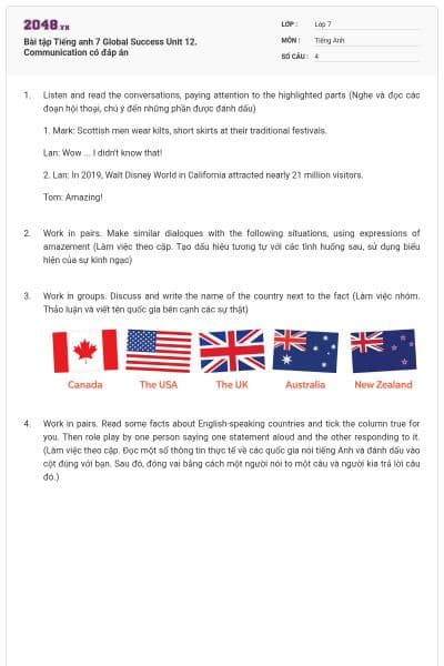 Bài tập Tiếng anh 7 Global Success Unit 12. Communication có đáp án