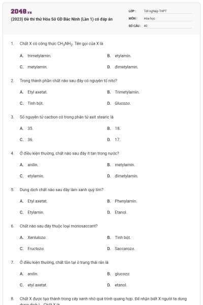 (2023) Đề thi thử Hóa Sở GD Bắc Ninh (Lần 1) có đáp án