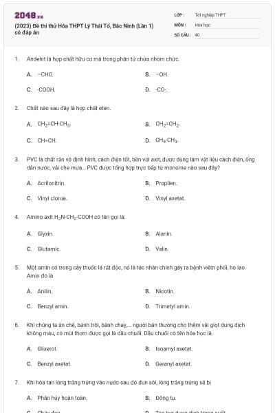 (2023) Đề thi thử Hóa THPT Lý Thái Tổ, Bắc Ninh (Lần 1) có đáp án