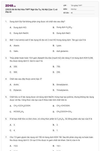 (2023) Đề thi thử Hóa THPT Ngô Gia Tự, Hà Nội (Lần 1) có đáp án