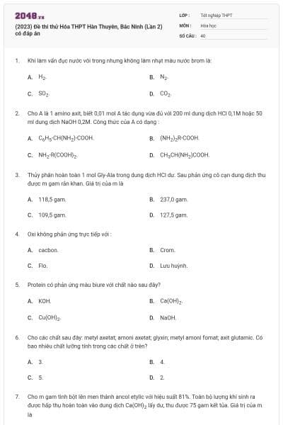 (2023) Đề thi thử Hóa THPT Hàn Thuyên, Bắc Ninh (Lần 2) có đáp án