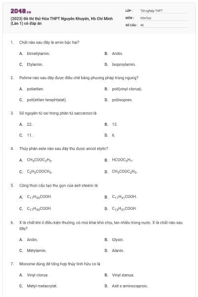 (2023) Đề thi thử Hóa THPT Nguyễn Khuyến, Hồ Chí Minh (Lần 1) có đáp án