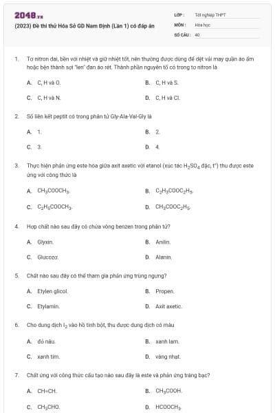 (2023) Đề thi thử Hóa Sở GD Nam Định (Lần 1) có đáp án